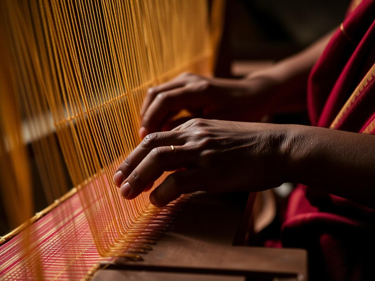 Weaver's hands working gold zari thread on a wooden loom