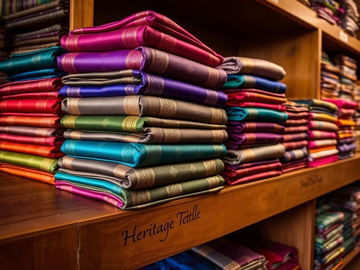 Folded silk sarees stacked on wooden shelves